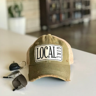 local girl distressed trucker hat, local girl vintage style trucker cap hat, local girl baseball cap, local girl cap hat