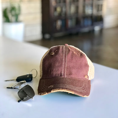 vintage style distressed trucker hat cap maroon