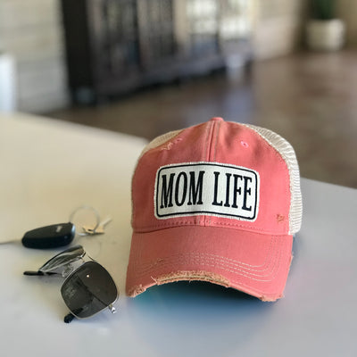 mom life patched hat, mom life distressed trucker hat, mom life vintage style trucker cap, momlife baseball cap