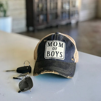 mom of boys distressed trucker hat cap, mom of boys vintage style trucker cap hat, mom of boys distressed baseball cap, mom of boys baseball hat, mom of boys navy hat, mom of boys navy cap, mom of boys patched hat