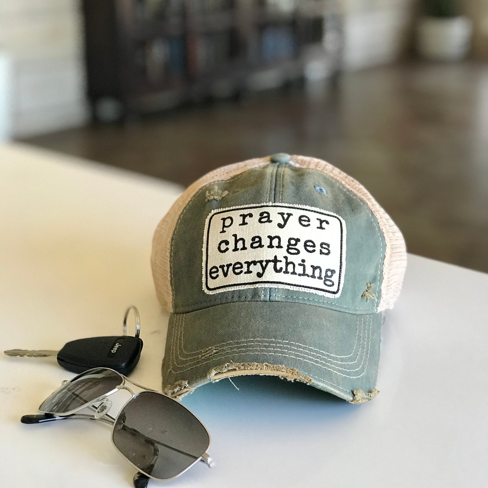 prayer changes everything distressed trucker hat, prayer changes everything vintage style trucker cap, prayer changes everything baseball cap