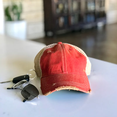 vintage style distressed trucker hat cap red