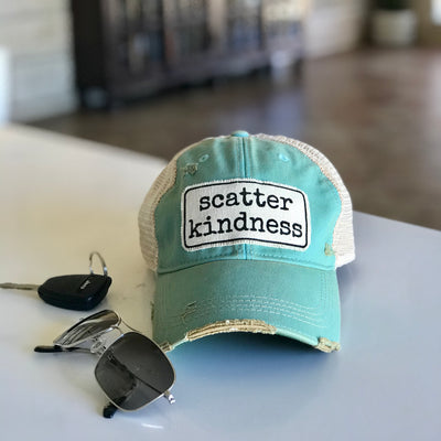 scatter kindness distressed trucker hat, scatter kindness vintage style trucker cap, scatter kindness baseball cap