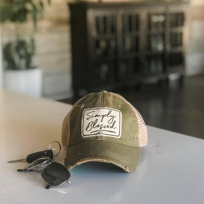 simply blessed vintage style distressed trucker hat cap olive