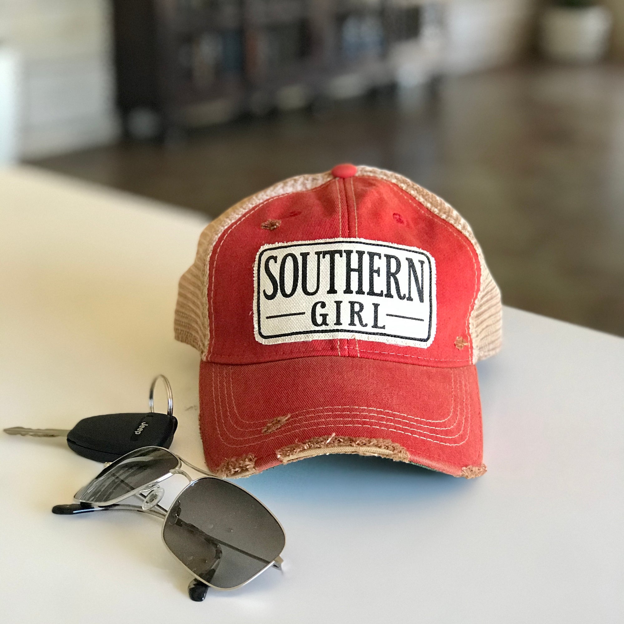 southern girl distressed trucker hat, southern girl vintage style trucker cap, southern girl baseball cap, southern girl baseball hat