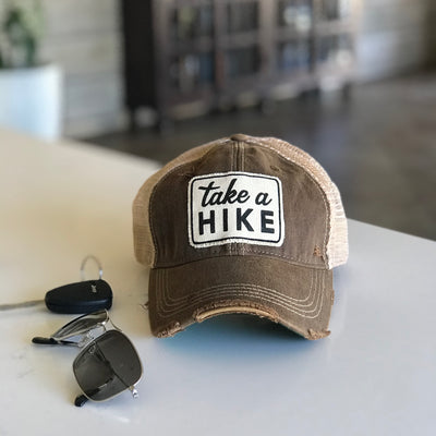 take a hike distressed trucker hat, take a hike vintage style trucker cap, take a hike patched cap, take a hike baseball hat