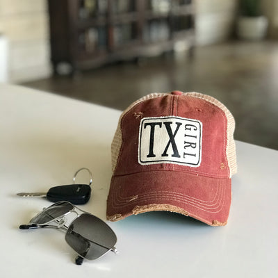 Texas girl patch hat, Texas girl distressed trucker hat, Texas girl vintage style trucker cap, Texas girl baseball cap