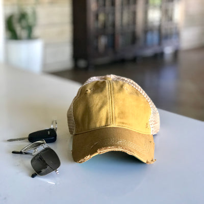 vintage style distressed trucker hat cap yellow